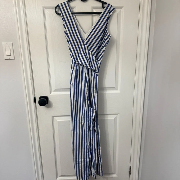 J. Crew Blue and White Striped Wrap Jumpsuit - Picture 5 of 13